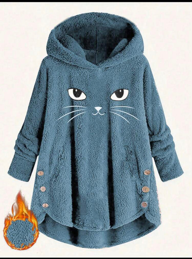 Essnce Plus Cat Embroidery High Low Hem Flannel Hoodie