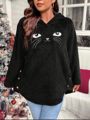 Essnce Plus Cat Embroidery High Low Hem Flannel Hoodie