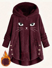 Essnce Plus Cat Embroidery High Low Hem Flannel Hoodie