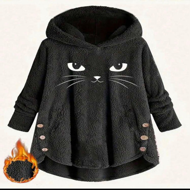 Essnce Plus Cat Embroidery High Low Hem Flannel Hoodie