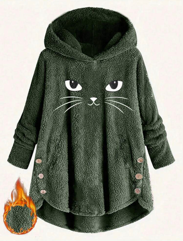 Essnce Plus Cat Embroidery High Low Hem Flannel Hoodie