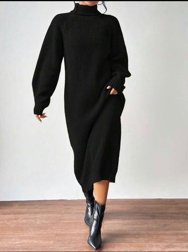 Turtleneck Lantern Sleeve Sweater Dress With Belt.Luxury Winter Dress