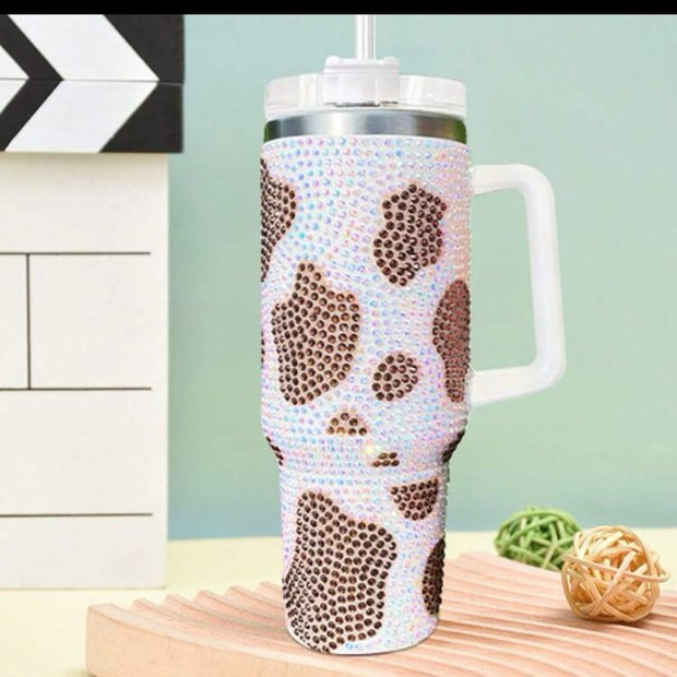 40oz Diamond Studded Cow Pattern Tumbler - Stainless Steel Vacuum Insulated with Straw