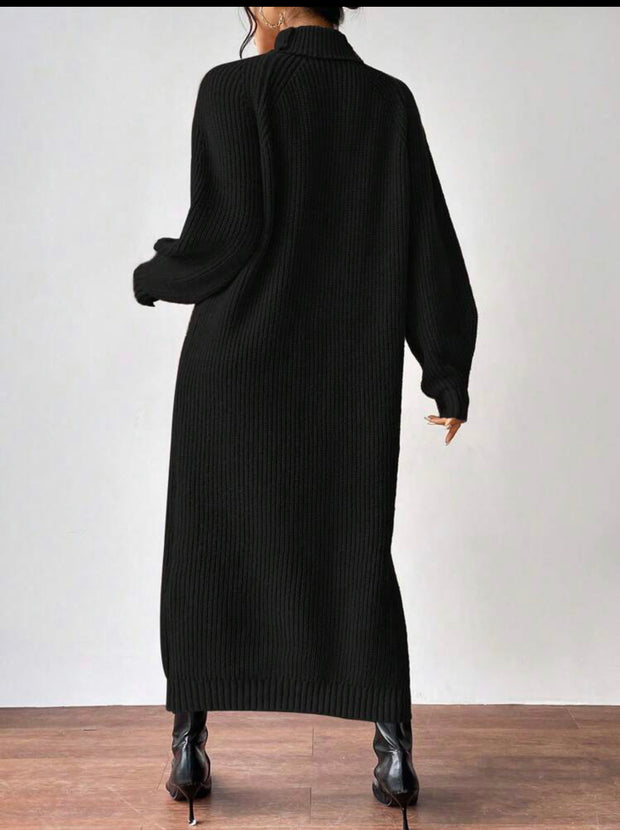 Turtleneck Lantern Sleeve Sweater Dress With Belt.Luxury Winter Dress