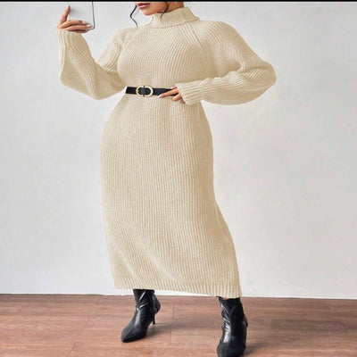 Turtleneck Lantern Sleeve Sweater Dress With Belt.Luxury Winter Dress