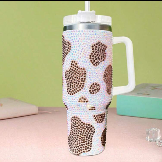 40oz Diamond Studded Cow Pattern Tumbler - Stainless Steel Vacuum Insulated with Straw