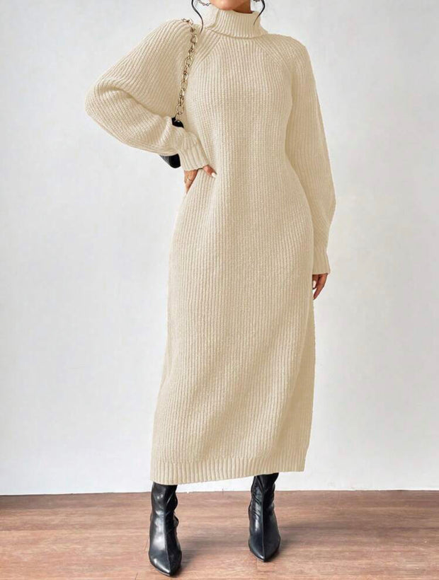 Turtleneck Lantern Sleeve Sweater Dress With Belt.Luxury Winter Dress