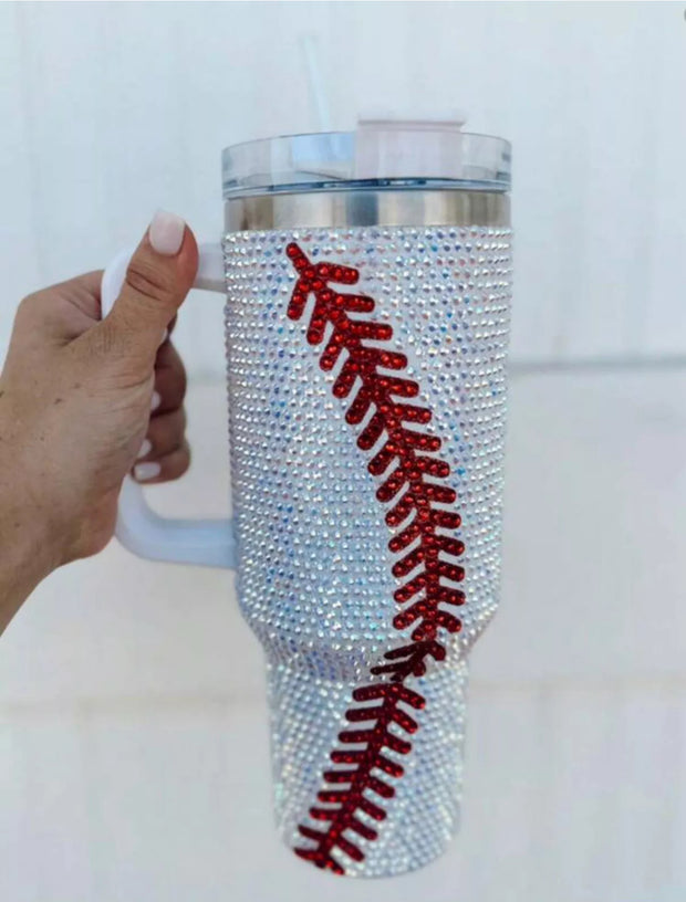 Crystal Baseball White/Red 40 OZ. Tumbler with Straw and Handle