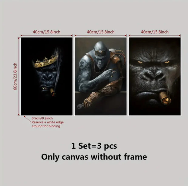 3pcs Chimpanzees Smoking Art Canvas Posters - Cool Gangster Design
