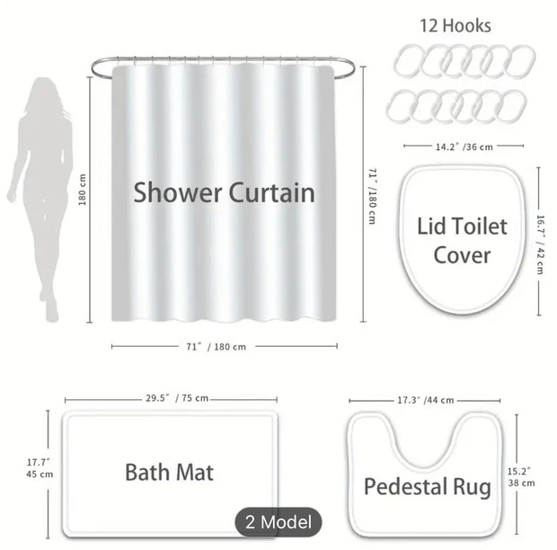 4pcs wooden door pattern shower curtain set, Waterproof shower curtain,Non slip Bath rug, U shape May, Toilet lid cover pad.Bathroom set rug.