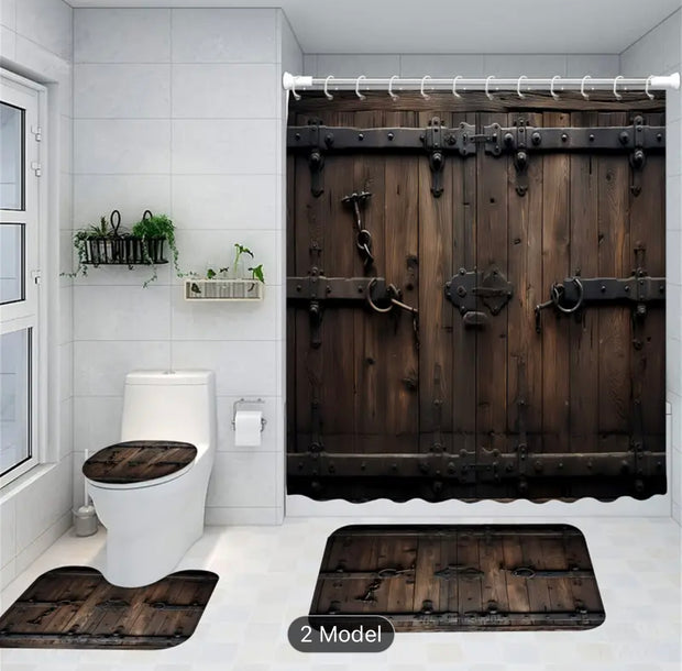 4pcs wooden door pattern shower curtain set, Waterproof shower curtain,Non slip Bath rug, U shape May, Toilet lid cover pad.Bathroom set rug.