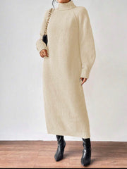 Turtleneck Lantern Sleeve Sweater Dress With Belt.Luxury Winter Dress