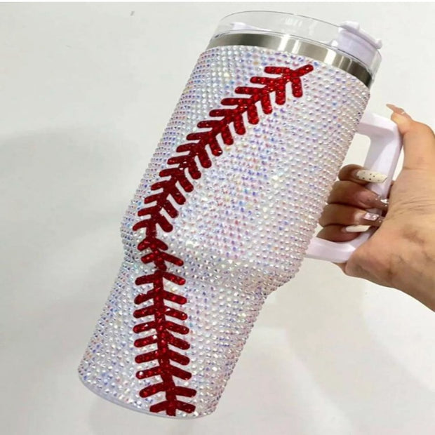 Crystal Baseball White/Red 40 OZ. Tumbler with Straw and Handle
