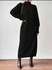 Turtleneck Lantern Sleeve Sweater Dress With Belt.Luxury Winter Dress